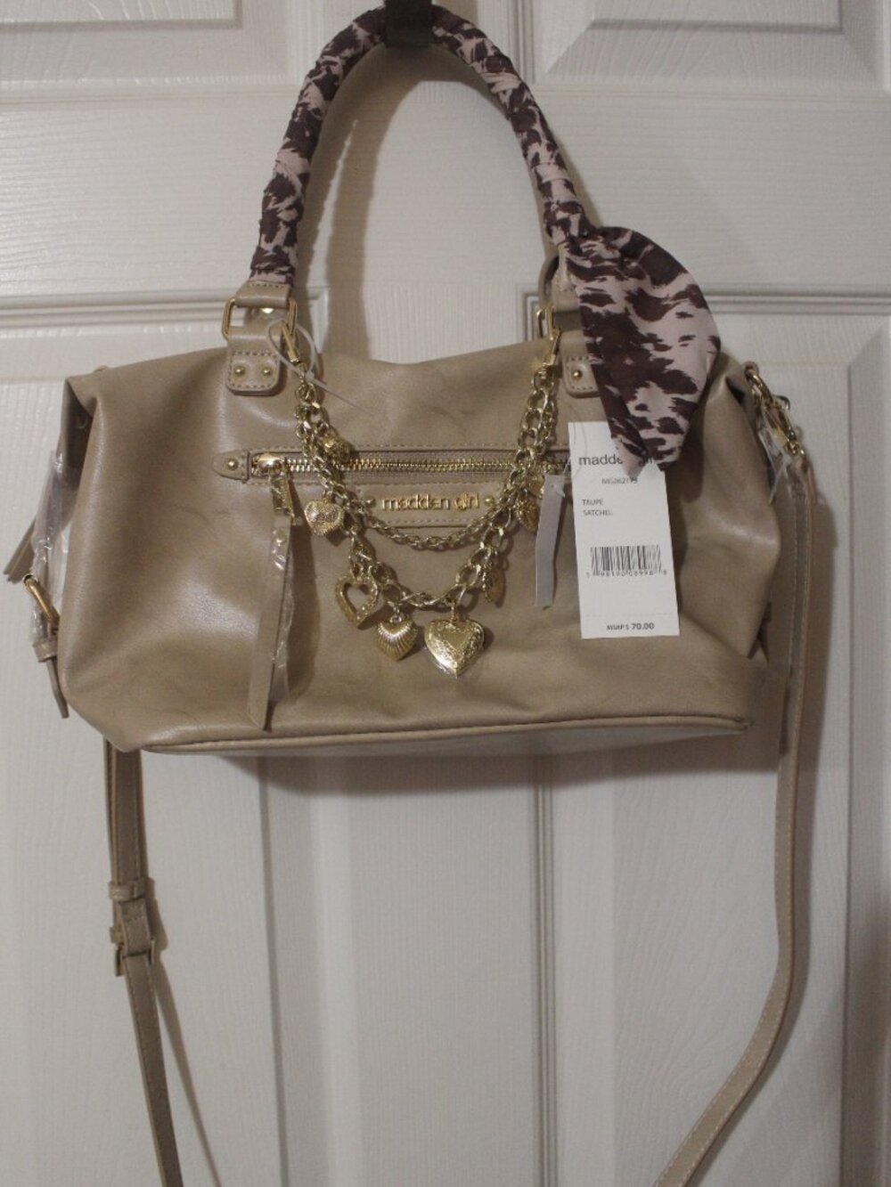 Madden Girl Taupe Satchel with Gold Heart Charms